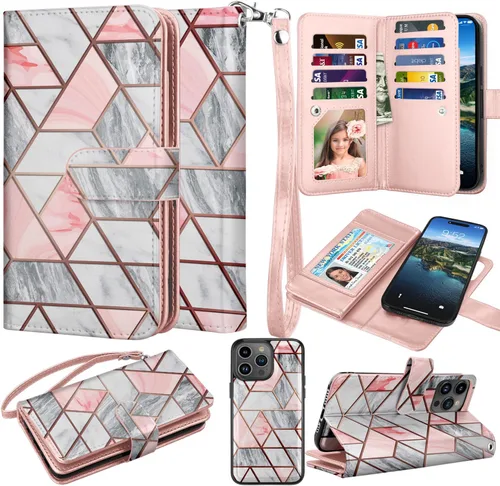 Miniatura 8 de Funda tipo cartera para iPhone 15 Plus, para iPhone 15 Plus, funda de piel sintética con soporte para tarjetas de crédito [9 ranuras para tarjetas]