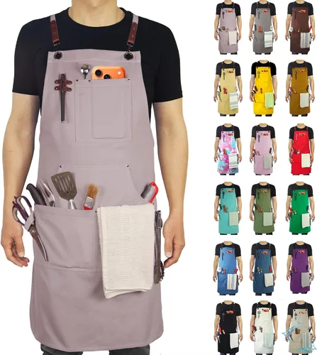 Miniatura 10 de Delantal de cocina, delantal de trabajo, lienzo, múltiples bolsillos, jardinería, pintura, barbacoa, artista, carpintero, tallas M a XXL, gris oscuro