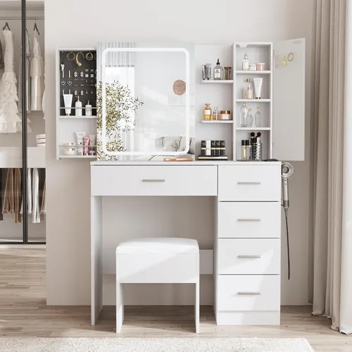 Fameill Escritorio blanco con espejo y luces, juego de mesa de tocador de maquillaje con tira de alimentación y armario deslizante, tocador con