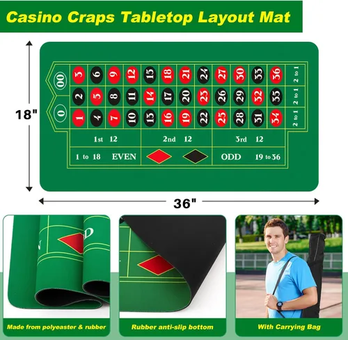 Miniatura 3 de Set de juego de ruleta Lunmon incluye rueda de ruleta negra de 16'' (40 cm), tapete de goma para mesa de 35'' x 16'' (89 cm x 41 cm), 100 fichas