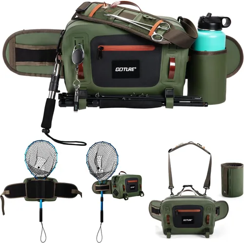Miniatura 12 de Goture Riñonera de pesca impermeable, IPX8 840D TPU bolsa grande para aparejos con soporte para caña, cierre hermético de cremallera, bolsa de pesca
