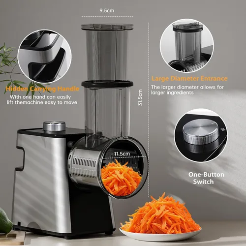 Miniatura 6 de Rallador de queso eléctrico 7 en 1, rallador de queso de 300 W para queso de bloque con 14 cuchillas, pelador y cepillo en Y, triturador automático