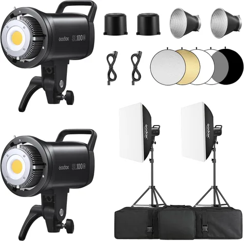 Godox Paquete de 2 kits de iluminación LED COB profesional SL100Bi, kit de luz continua bicolor con 2 soportes de luz, 2 cajas de luz, 1 reflector 5