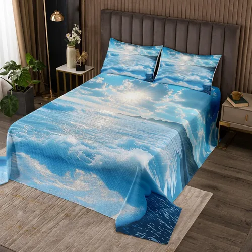 Miniatura 26 de Erosebridal Juego de colcha náutica, juego de edredón de lancha de vela, faro, acuarela con temática oceánica, juego de ropa de cama de verano