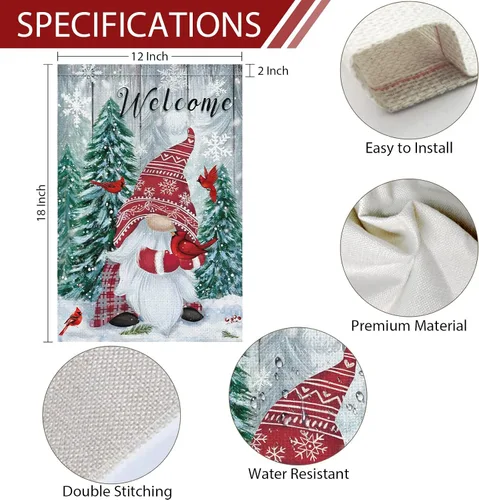 Miniatura 4 de Heyfibro Banderas de Jardín de Gnomos de Invierno Navideño de Bienvenida 12x18 de Doble Cara Arpillera Cardenales Copos de Nieve Nieve Estandarte