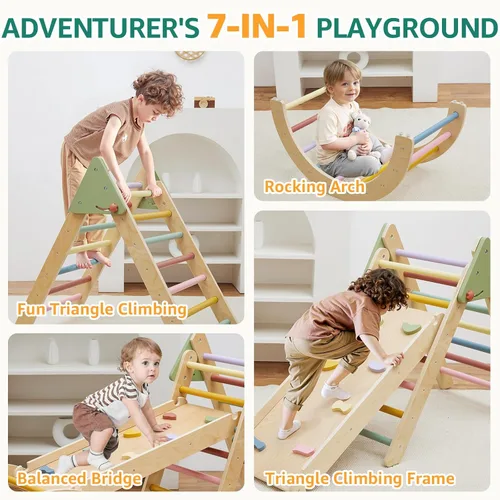 Miniatura 3 de Juego de triángulos Pikler 3 en 1, juego de juguetes de escalada triangulares Pikler para niños pequeños, juguetes de escalada de madera para niños
