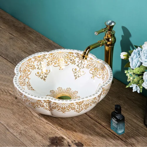 Fregadero marroquí para lavabo para baño, de cerámica de oro blanco, sobre mostrador, con forma de flor de porcelana, para hotel, jardín, 1