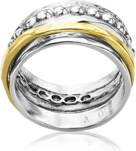 Miniatura 6 de 925 Sterling Silver14K Gold Plated Silver Spinner Ring Unisex, Bold Hammered BeadedFreshwater Pearl Floral Etched and Hammered, Oxidized