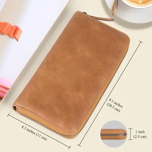 Miniatura 47 de VISOUL Cartera larga de cuero con cremallera para hombres y mujeres con bloqueo RFID, cartera larga de embrague grande con cremallera, Negro