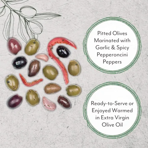 Miniatura 6 de Roland Foods Mezcla de aceitunas griegas country, aceitunas enteras sin hueso marinadas con ajo y pimientos Pepperoncini, alimentos importados
