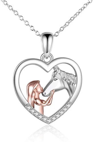 YFN - Collar con dije de caballo de plata fina para niñas, regalo de caballos para mujeres y niñas (collar de caballo con una niña color rosa)