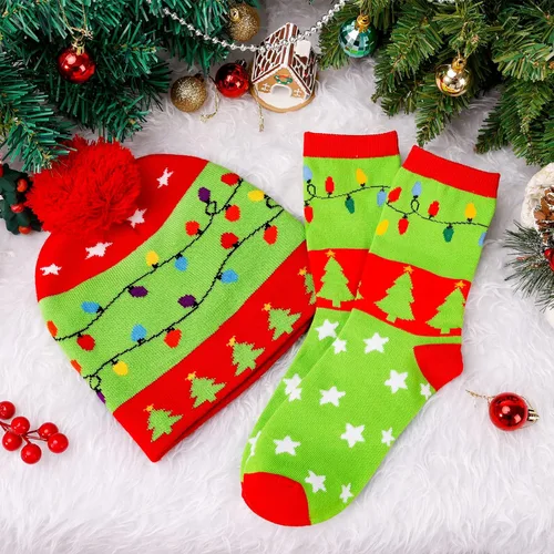 Miniatura 5 de MGparty Gorro de Navidad con luz LED, gorro de punto con calcetines de tripulación, regalos de fiesta de Navidad para adultos y niños
