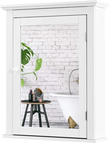 Miniatura 11 de Tangkula Gabinete de baño con espejo, gabinete tipo botiquín con espejo montado en la pared con puerta única y estante ajustable en 5 posiciones