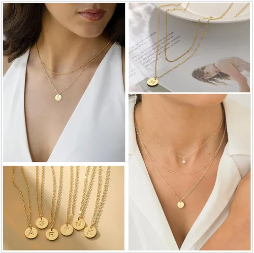 Miniatura 4 de Collares con inicial de oro para mujer, collar de monedas con letras delicadas en capas para mujer, gargantilla chapada en oro de 14 quilates, dije