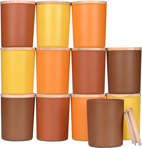 Miniatura 55 de SHOWIN Tarros de vela gruesos de 14 OZ para hacer velas 12 Piezas, tarros vacíos de 3 mechas con tapas de madera para hacer velas, recipiente