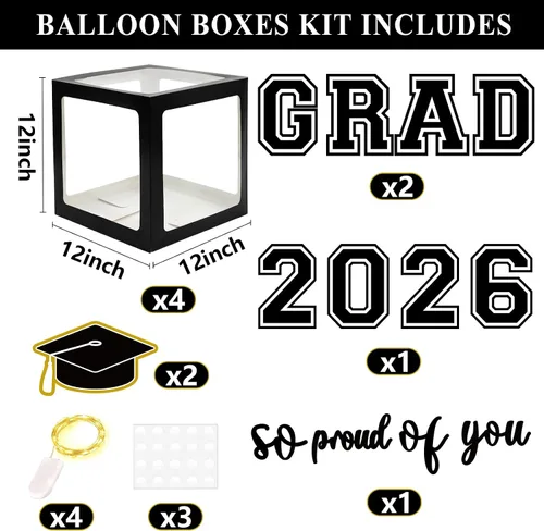 Miniatura 3 de DAZONGE Decoraciones de graduación 2026 negro y dorado – Juego de 4 cajas de graduación con 139 piezas de guirnalda de arco de globos y 4 cuerdas