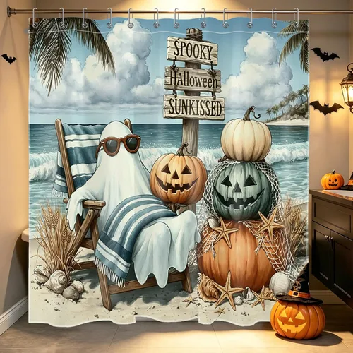 Miniatura 33 de HVEST Cortina de ducha de Halloween, linterna de calabaza y gnomo, cortina de ducha de baño, cortina de ducha de murciélago y araña, decorativa