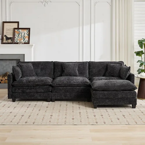 Miniatura 3 de Sofá modular negro de 111.5 pulgadas, sofás seccionales grandes de 3 plazas para sala de estar, sofá nube de tela de felpilla de gran