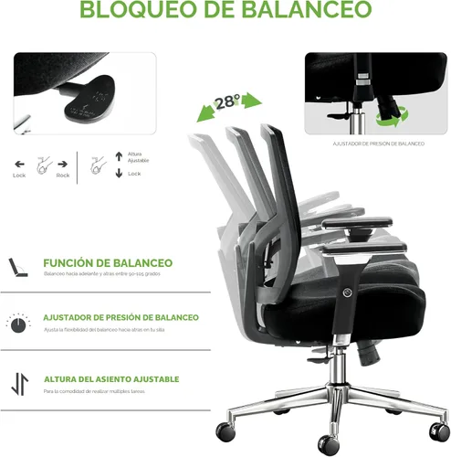 Miniatura 7 de Silla de oficina grande y alta de 700 libras con cojín de asiento ancho y grueso ergonómico W, silla de escritorio de malla de gran