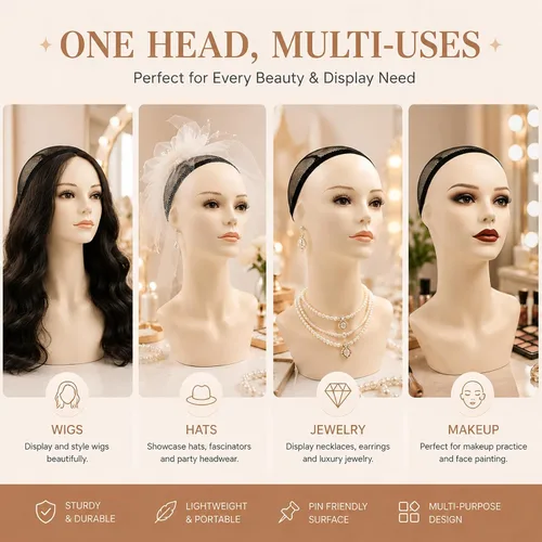 Miniatura 4 de Forma de cabeza de maniquí femenino de 17 pulgadas con pestañas y labios, soporte de exhibición para pelucas, sombreros, joyas