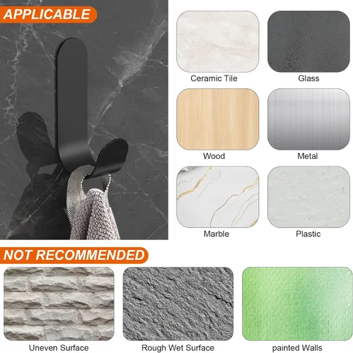 Miniatura 7 de ATDOALL Ganchos adhesivos para toallas, 20 ganchos de pared autoadhesivos de acero inoxidable, gancho de ducha negro resistente, impermeable, a