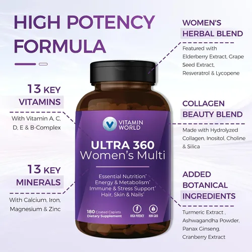 Miniatura 3 de Vitamin World Multivitamínico Ultra 360 para Mujeres, Multivitamínico para Mujeres con Hierbas y Colágeno para Cabello, Piel y Uñas, Suplemento