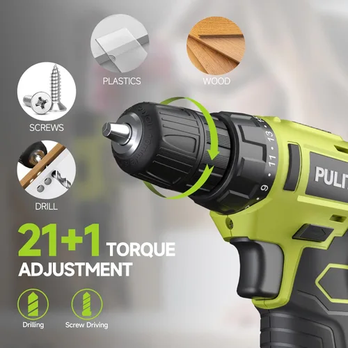 Miniatura 2 de PULITUO Juego de taladro inalámbrico de 12 V verde, kit de taladro eléctrico con batería y cargador, taladro eléctrico para mejoras del hogar