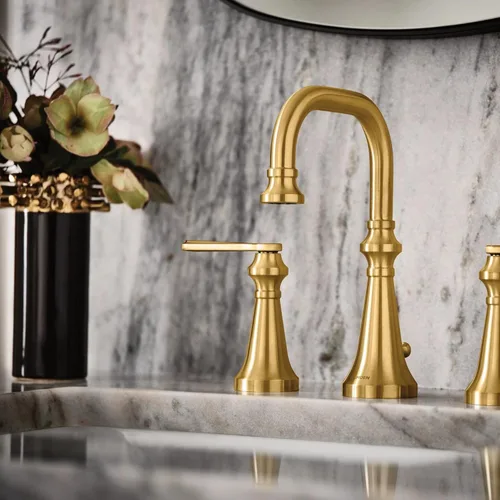 Miniatura 2 de Moen TS44102BG Colinet - Grifo de baño tradicional de arco alto con dos manijas, con asas de palanca, requiere válvula, oro cepillado