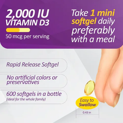 Miniatura 4 de Prati Donaduzzi Vitamina D3 2,000 UI (50 mcg) cápsulas blandas 600 unidades - Suplemento diario de sol para apoyo óseo y dental - Suministro