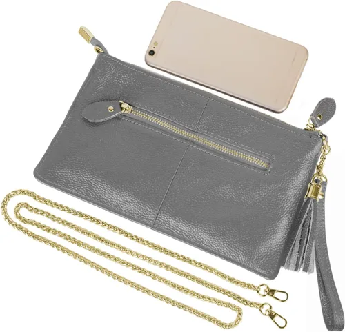Miniatura 6 de YALUXE Clutch Wristlet - Cartera de piel auténtica con bloqueo RFID y cadena de hombro