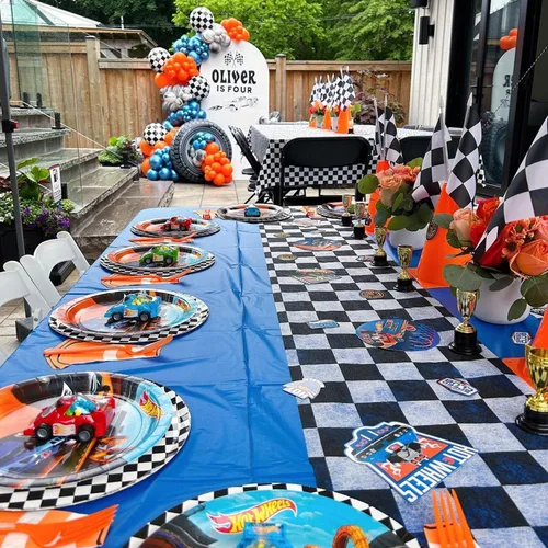 Miniatura 3 de VitaCraft Kit de guirnalda de arco de globos de coche de carreras, 128 piezas de arco de globos de mármol naranja, azul y negro, globos de aluminio