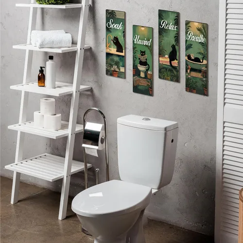 Miniatura 5 de Honoson 4 piezas de arte de pared de baño de gato negro y verde, decoración de pared de baño en negro y verde, para remojar y relajar, respirar