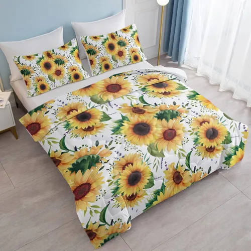 Miniatura 2 de Juego de edredón suave de lujo con diseño floral de girasol y hojas verdes, 1 edredón y 2 fundas de almohada