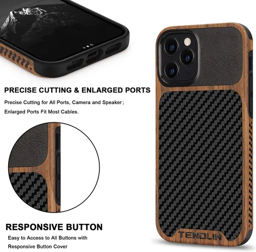 Miniatura 5 de TENDLIN Funda compatible con iPhone 12 Pro Max de grano de madera con diseño de textura de fibra de carbono, funda híbrida de cuero negro