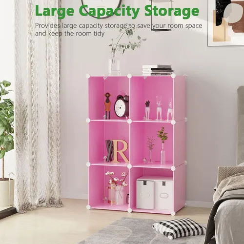 Miniatura 5 de C&AHOME Organizador de almacenamiento de cubos, unidades de estantes de 6 cubos, gabinete de clóset, estantería modular de plástico para armar, Rosa