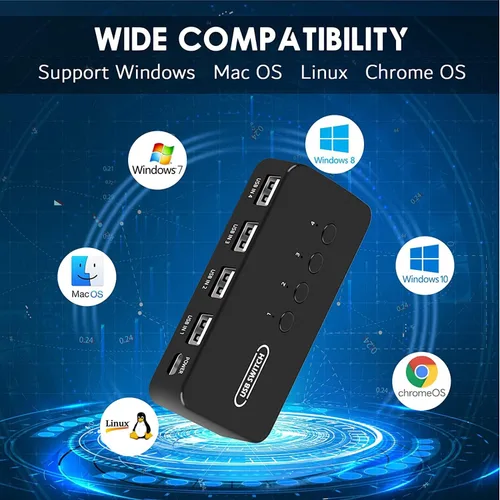 Miniatura 6 de Interruptor USB de 4 en 4 salidas, selector de conmutador USB de 4 puertos para 4 computadoras compartidas 4 dispositivos teclado, ratón, impresora