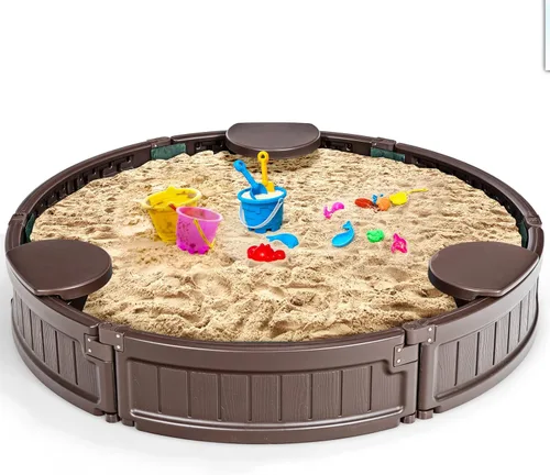 Costzon Caja de arena redonda de 4 pies, kit de caja de arena para exteriores con cubierta impermeable, forro inferior y asiento de esquina