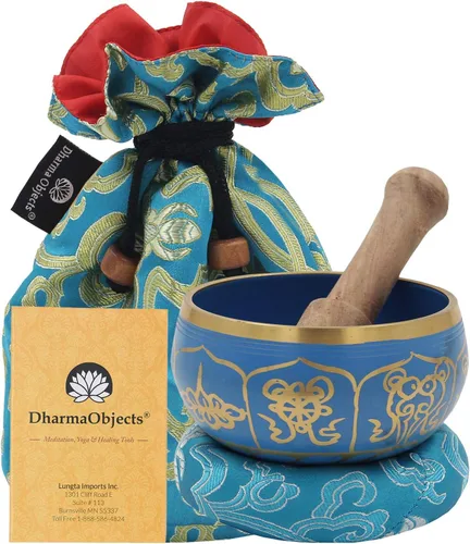 Miniatura 20 de DharmaObjects ~ Juego de cuencos tibetanos OM con mazo, cojín de brocado y bolsa de transporte ~ para meditación, curación de chakras, oración, yoga