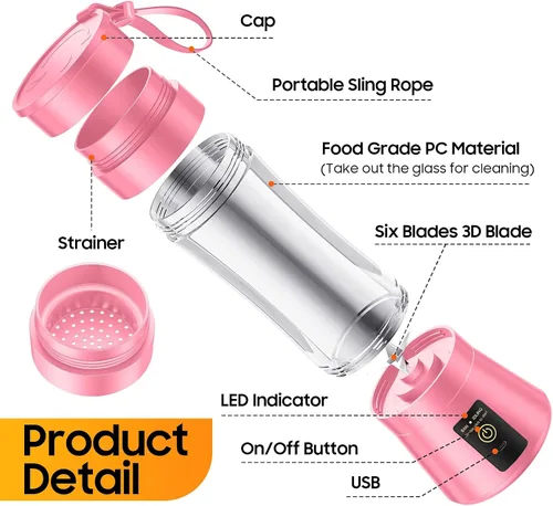 Miniatura 9 de Licuadora portátil inalámbrica de tamaño personal – Licuadora sin BAP para hacer batidos y batidos, taza de jugo de 12 onzas con 6 cuchillas, se Rosa