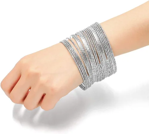 Miniatura 2 de Ensoul Juego de pulseras y brazaletes de metal con textura múltiple para mujer, 18 piezasjuego