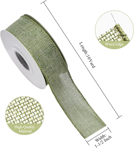 Miniatura 3 de Ribest Cinta de arpillera con alambre verde musgo, 1 1/2 pulgadas 10 yardas, cinta de yute para decoración de lazos, manualidades, envoltura