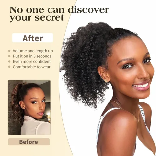 Miniatura 9 de Cola de caballo de cabello humano con cordón para mujeres negras, extensión de cabello humano rizado 4C, 8 pulgadas, aspecto natural, añade volumen