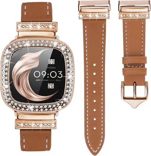 Miniatura 8 de Correa de cuero compatible con Fitbit Sense 2/Versa 4 para mujeres, elegante correa de cuero con hebilla metálica en forma de D con strass con funda