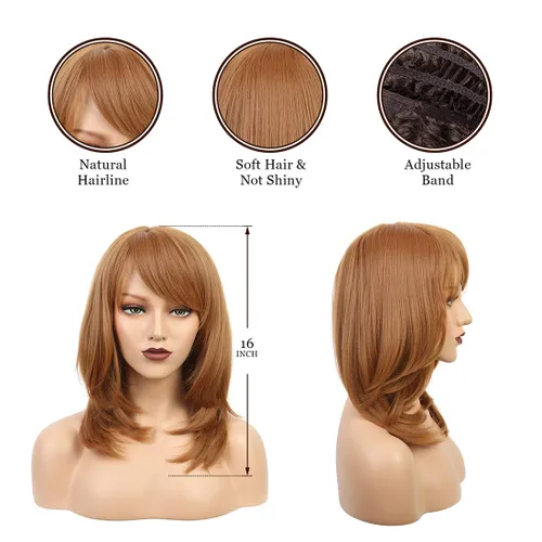 Miniatura 3 de Wiginway Peluca corta con flequillo oblicuo natural Yaki recta sintética para mujer, pelucas de color castaño oscuro, fibra natural resistente al