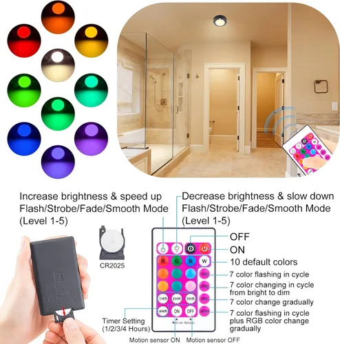 Miniatura 3 de Lámpara de techo a pilas, luz LED con sensor de movimiento con control remoto, luz de ducha inalámbrica, 10 luces de pasillo que cambian