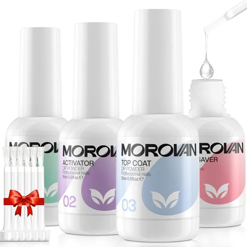Morovan Juego líquido de polvo de inmersión con base activadora y capa superior de polvo de inmersión, protector de brochas, 4 piezas de 0.5 onzas