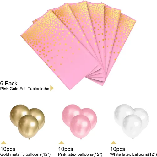 Miniatura 6 de HOMIX Manteles de plástico rosa y dorado para mesas rectangulares, paquete de 6 manteles desechables de fiesta, fundas de mesa de confeti de punto