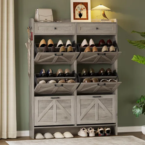Miniatura 21 de BORNOON Gabinete de Almacenamiento de Zapatos para Entrada, Gabinete Estrecho de Zapatos Estilo Granja con 2 Cajones Abatibles y Cajones Superiores