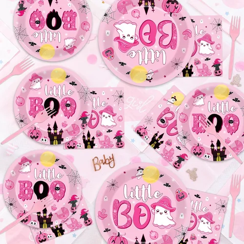 Miniatura 6 de ZOIIWA Juego de vajilla desechable de 96 piezas para fiesta de Halloween Little Boo Baby Shower para niñas, suministros de fiesta de fantasmas