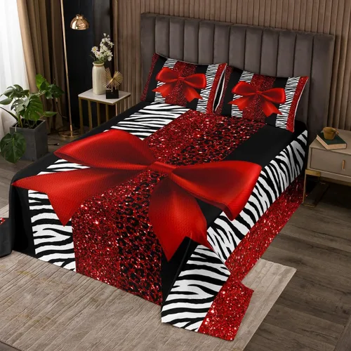 Juego de colcha con lazo para niños, tamaño individual, diseño de cebra y leopardo con purpurina, decoración de habitación para niñas y mujeres,